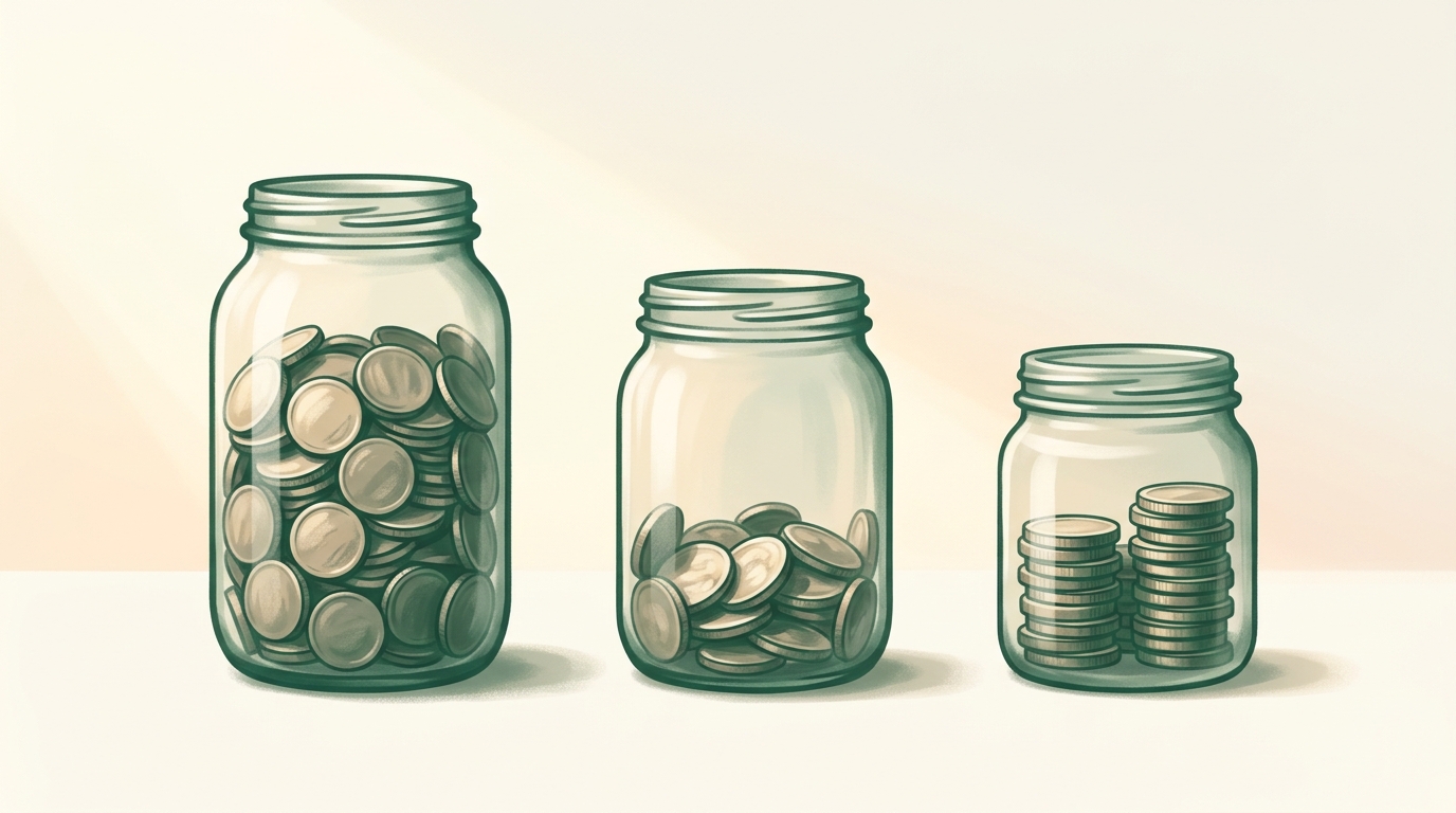 Illustration of three glass jars of coins in decreasing fullness, representing a bills account, a spending account, and a savings account
