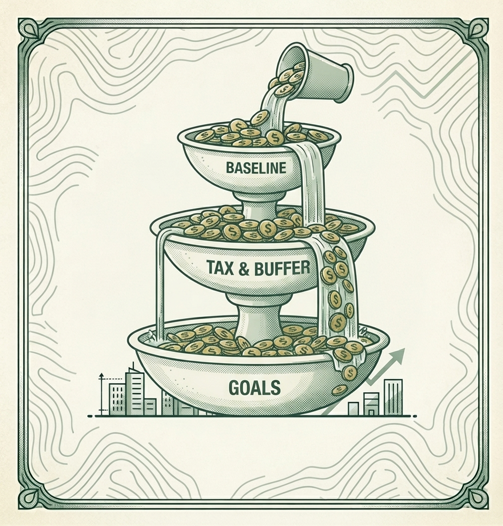 Illustration of a three-tier fountain labeled Baseline, Tax & Buffer, and Goals, with coins flowing from the top pool into the next only once each pool overflows