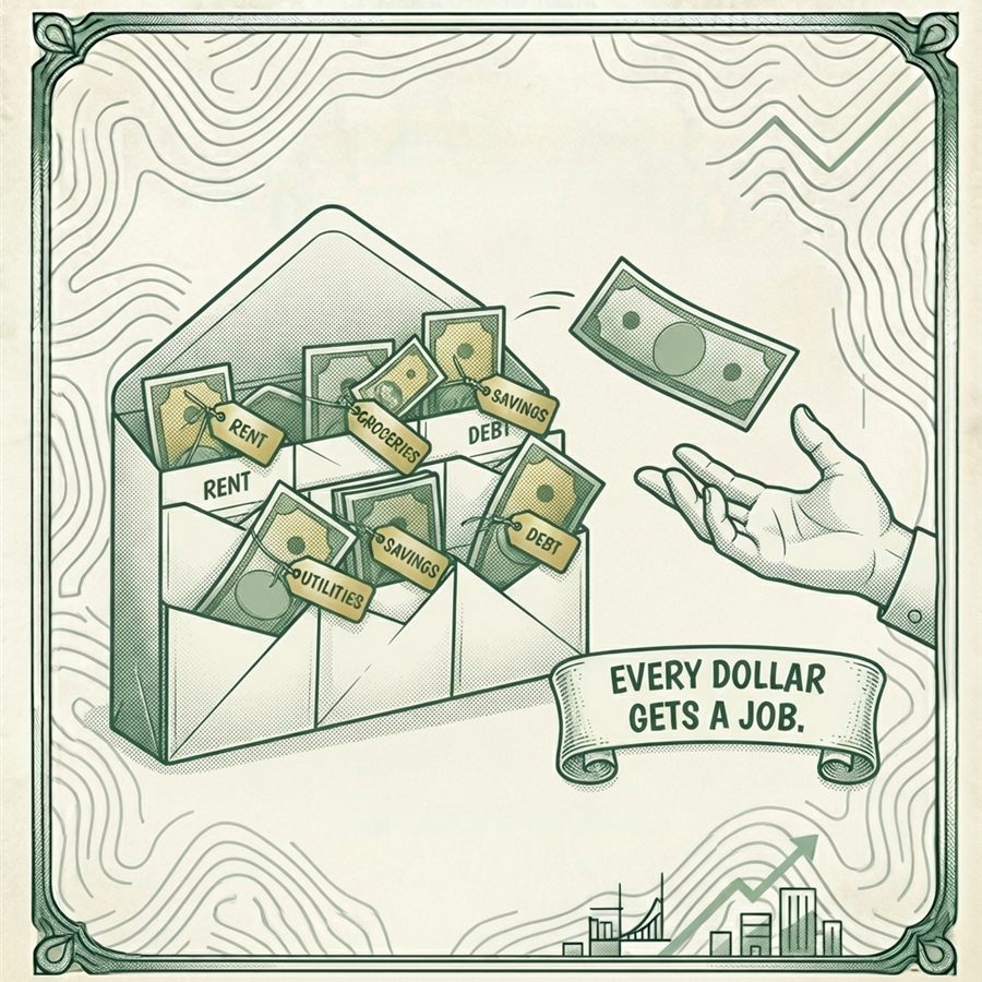 Illustration of an envelope budgeting system with dollar bills tagged Rent, Groceries, Savings, Utilities, and Debt, with one loose dollar being caught by a hand, labeled 'Every dollar gets a job'
