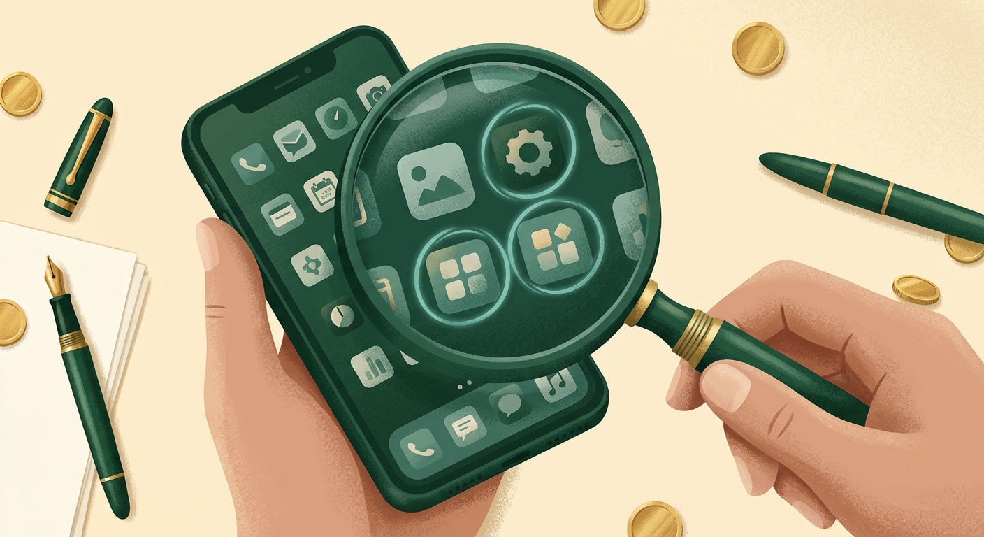 Illustration of a hand holding a magnifying glass over a phone screen showing a grid of small app icons, with a few of them circled