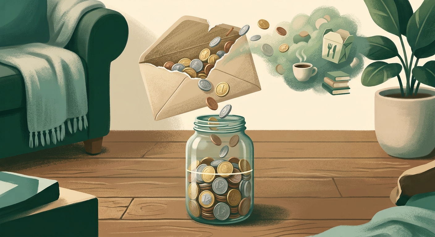 A paycheck envelope tearing open with two streams of coins flowing from it — one stream pouring down into a tall glass jar that's filling up, the other drifting upward and fading into a soft cloud of small everyday objects like a coffee cup and a takeout container