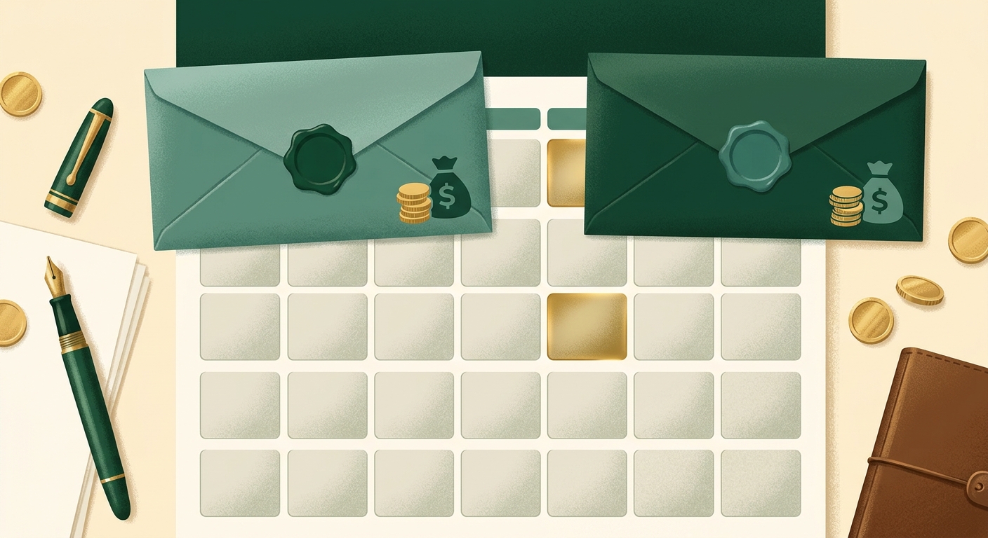 Illustration of two paycheck envelopes side by side on a calendar, one labeled with a 14-day interval pattern and the other aligned to two fixed calendar dates, showing different payday rhythms