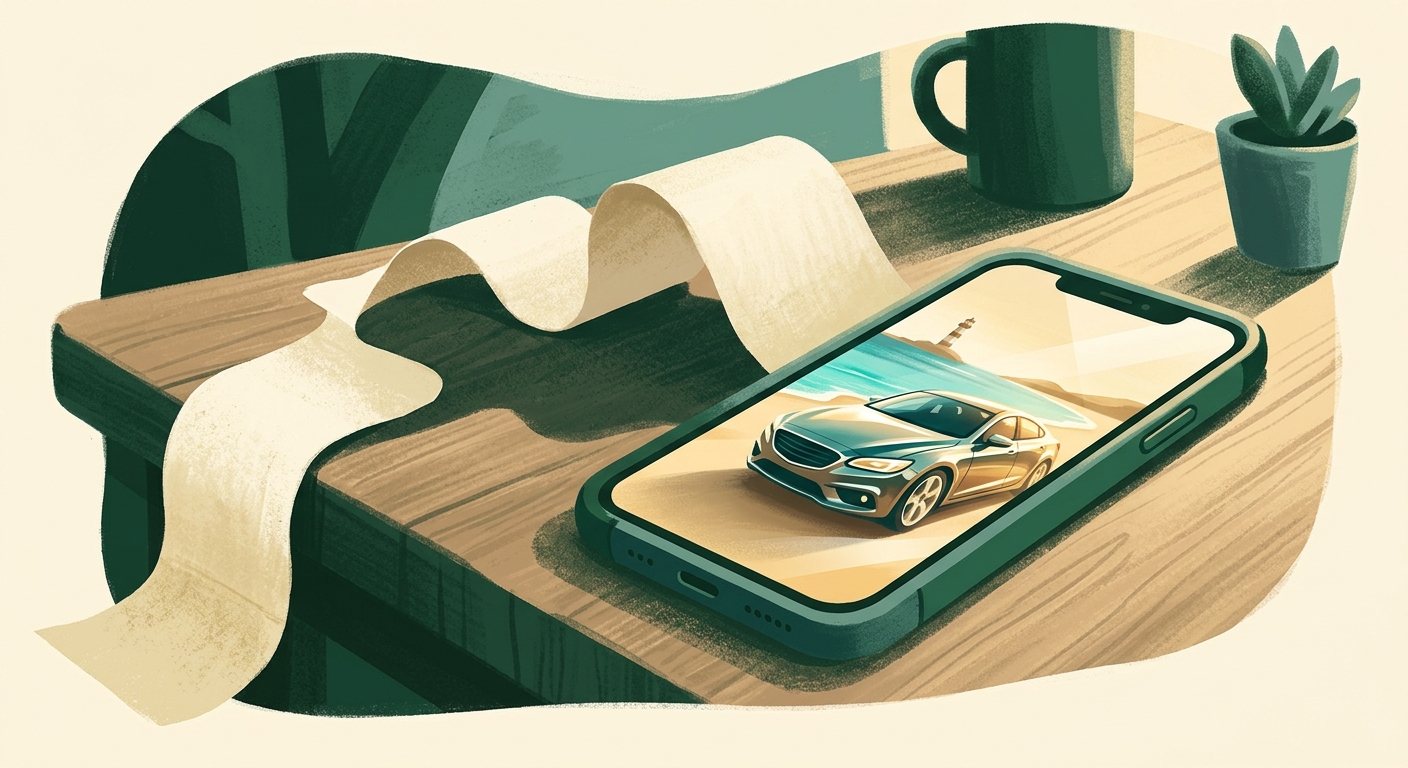 A smartphone on a wooden table showing a glossy photo of a new car on a sunny beach, with a long, curling paper receipt trailing across the table and off its edge