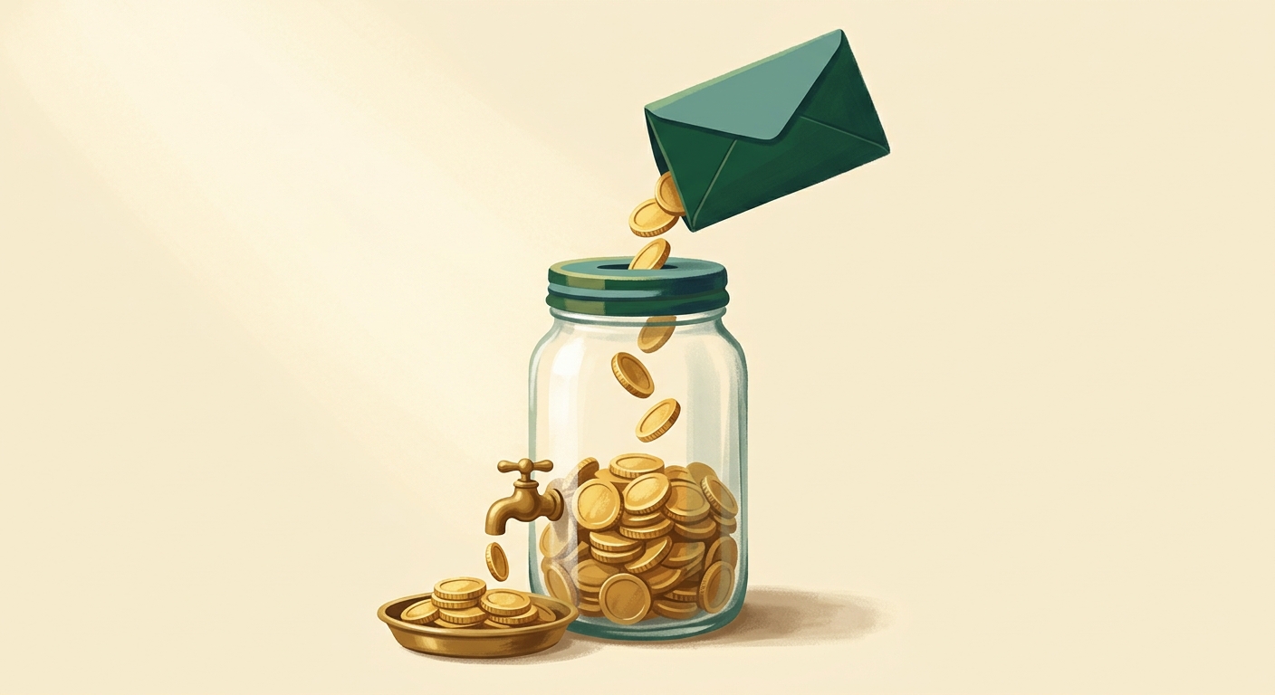 A tall glass jar filling with coins from a paycheck envelope above it, while a small brass tap near the base of the jar steadily drips coins out into a little dish beside it