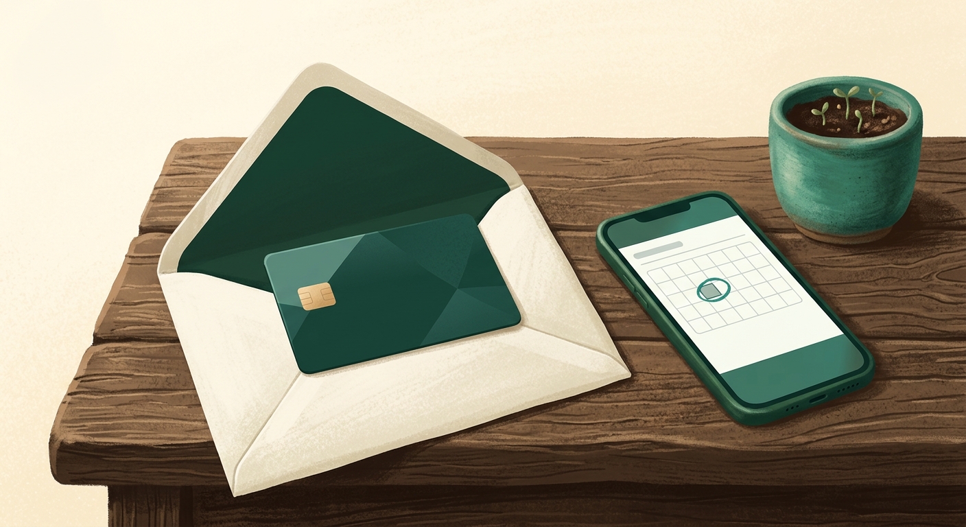 A brand-new credit card tucked into its opened welcome envelope on a wooden desk, next to a phone showing a calendar with a single day circled and a small potted plant just starting to sprout