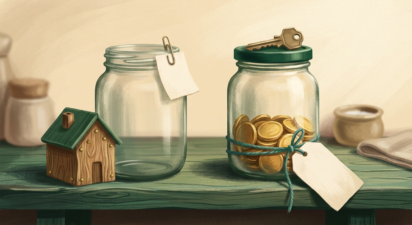 A small wooden model house on a green wooden table beside two glass jars: an empty one with a blank paper tag, and one partly filled with gold coins, tied with string, with a brass house key resting on its lid