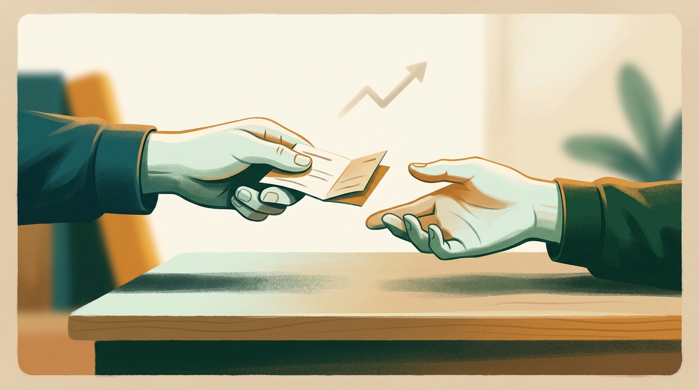 Illustration of a hand offering a folded note across a desk toward another hand, with a small upward-trending line in the background