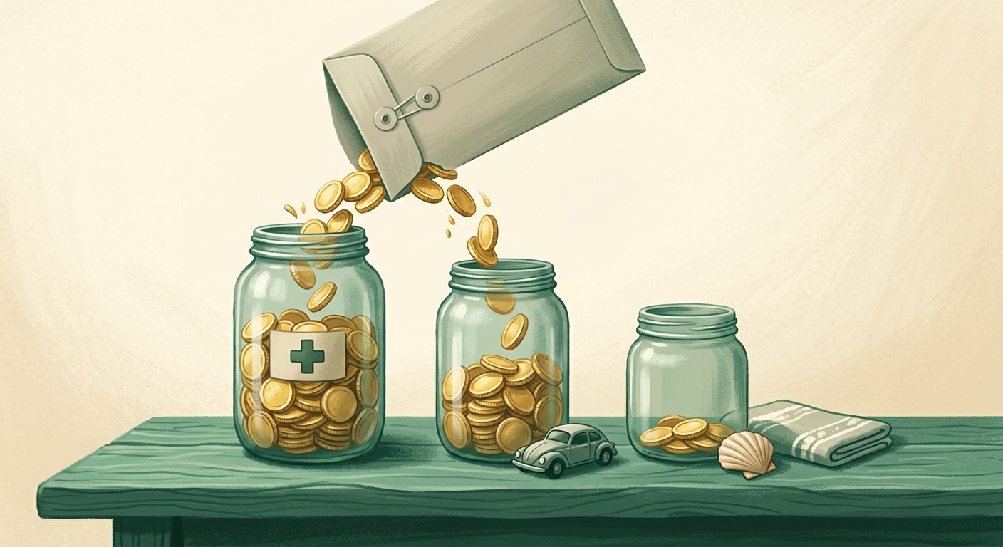 A paycheck envelope tipping coins into three glass jars of different sizes on a green wooden table: the largest jar marked with a small first-aid cross, a medium jar with a toy car beside it, and a small jar with a seashell and a folded beach towel next to it