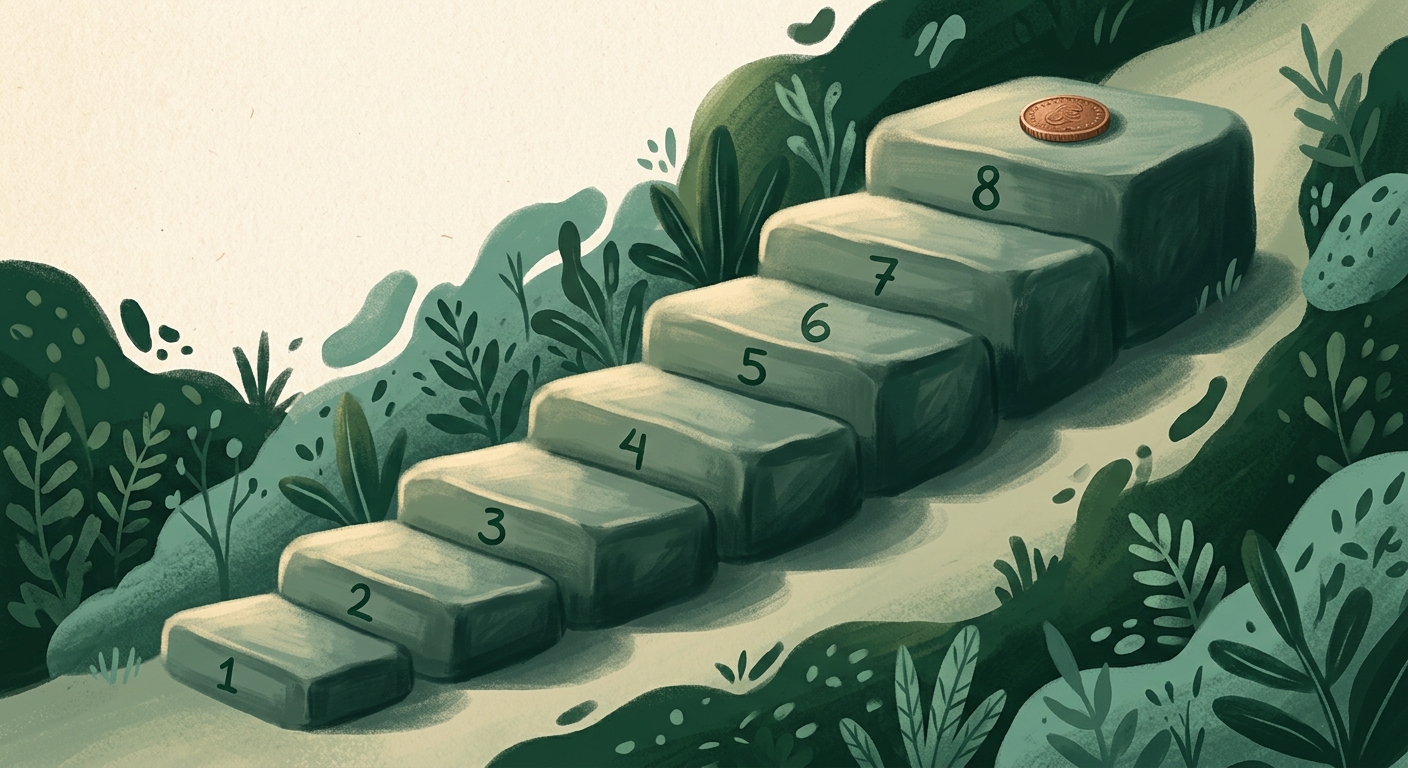 Illustration of a series of eight numbered stone steps leading upward, each step slightly wider and more solid-looking than the last, with a small coin resting on the topmost step
