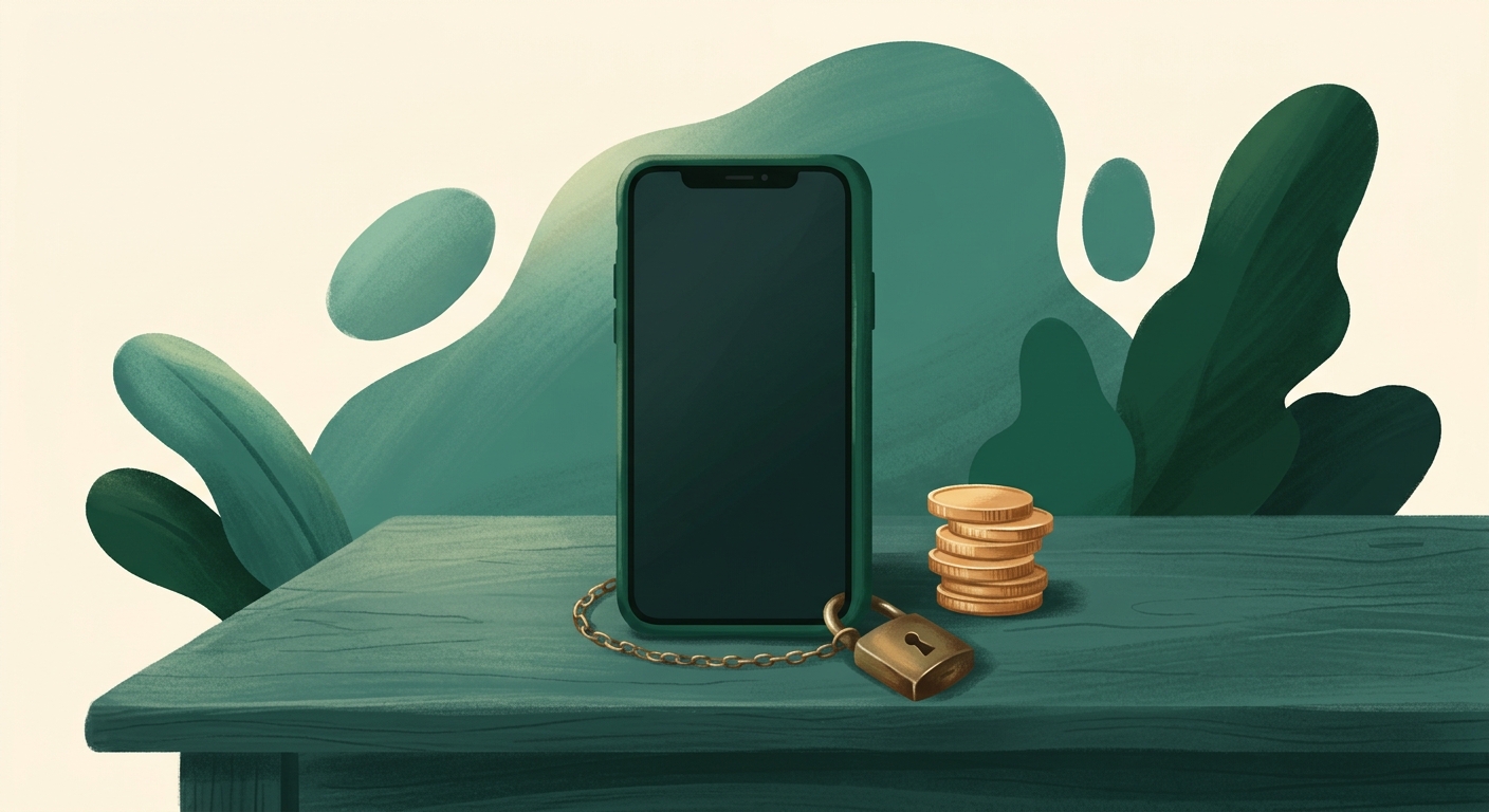 A new smartphone standing upright on a table beside a small stack of coins, with a thin chain looping from the phone to a padlock resting next to it