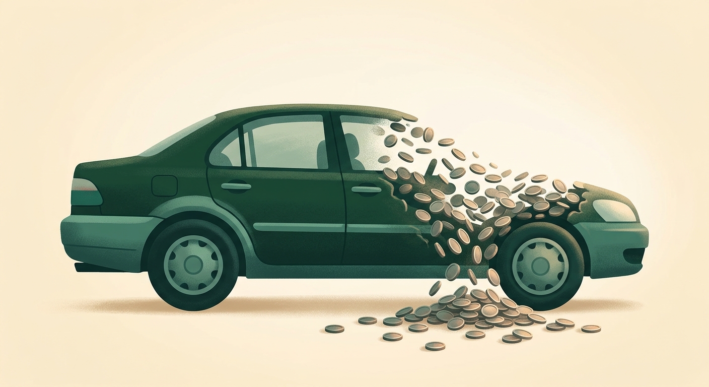 A side-view illustration of a car, its rear half solid and its front half dissolving into a stream of small coins spilling onto the ground beneath it