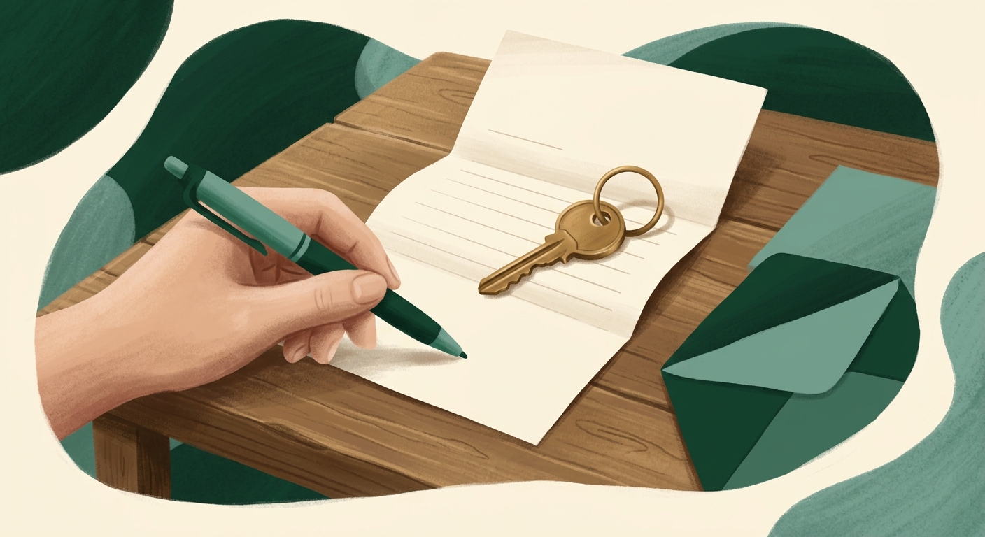 A hand holding a pen, about to write on an opened renewal letter with an apartment key resting on it, next to a green envelope on a wooden table