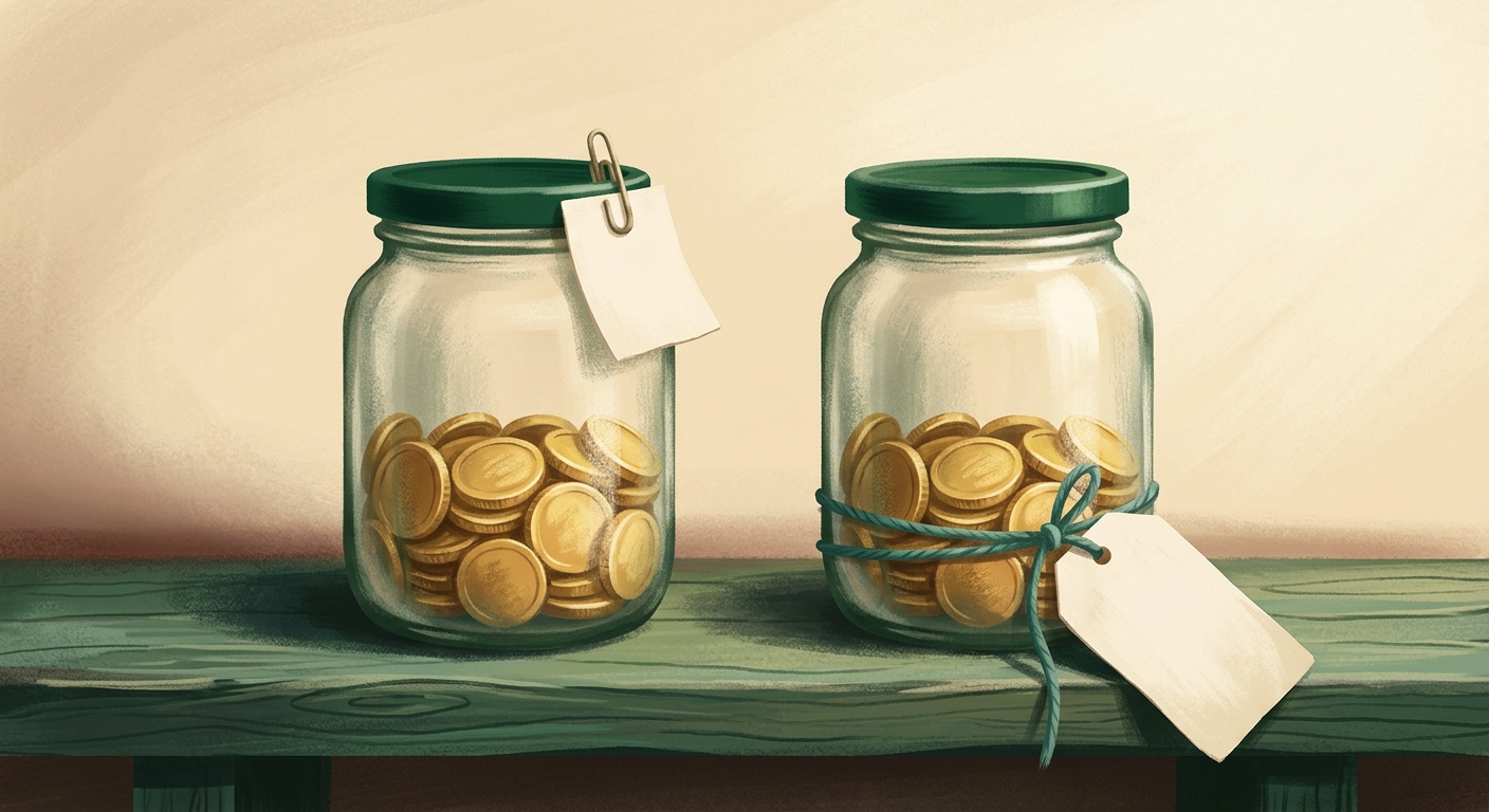 Two identical glass jars of coins on a wooden shelf, one with a small paper tax tag already clipped to its lid, the other with a larger tag tied around its middle with green string, waiting to be paid later