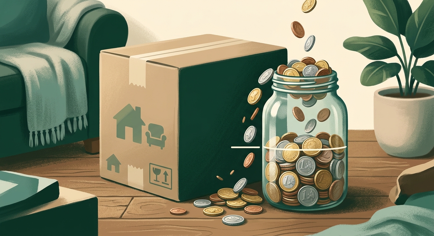 A glass coin jar sitting beside a large moving box, filled with coins up to a marked line partway up the jar, with extra coins spilling over the rim and scattering across the floor near the box