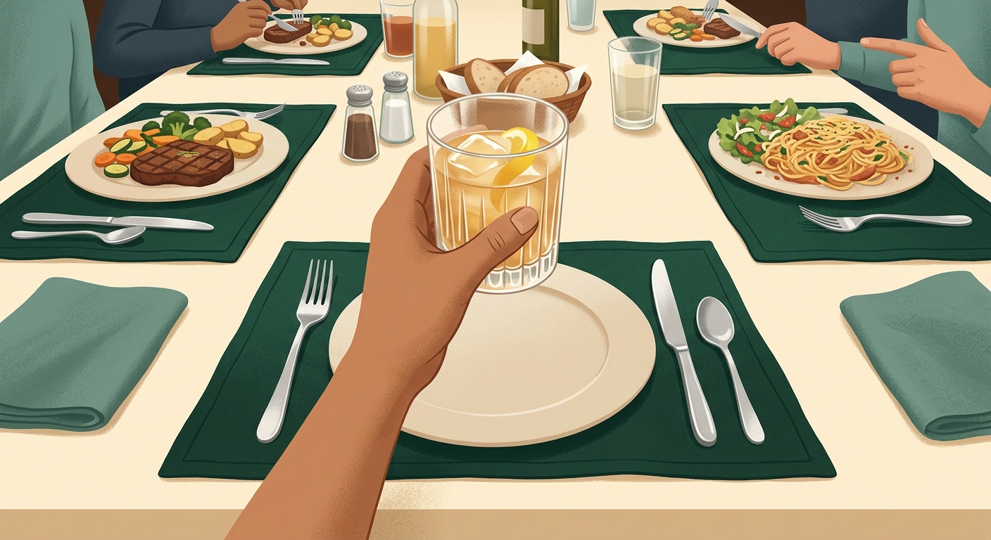 Illustration of a single hand holding a drink glass at a restaurant table, seated among other place settings with full plates, the hand's own place setting empty and unbothered