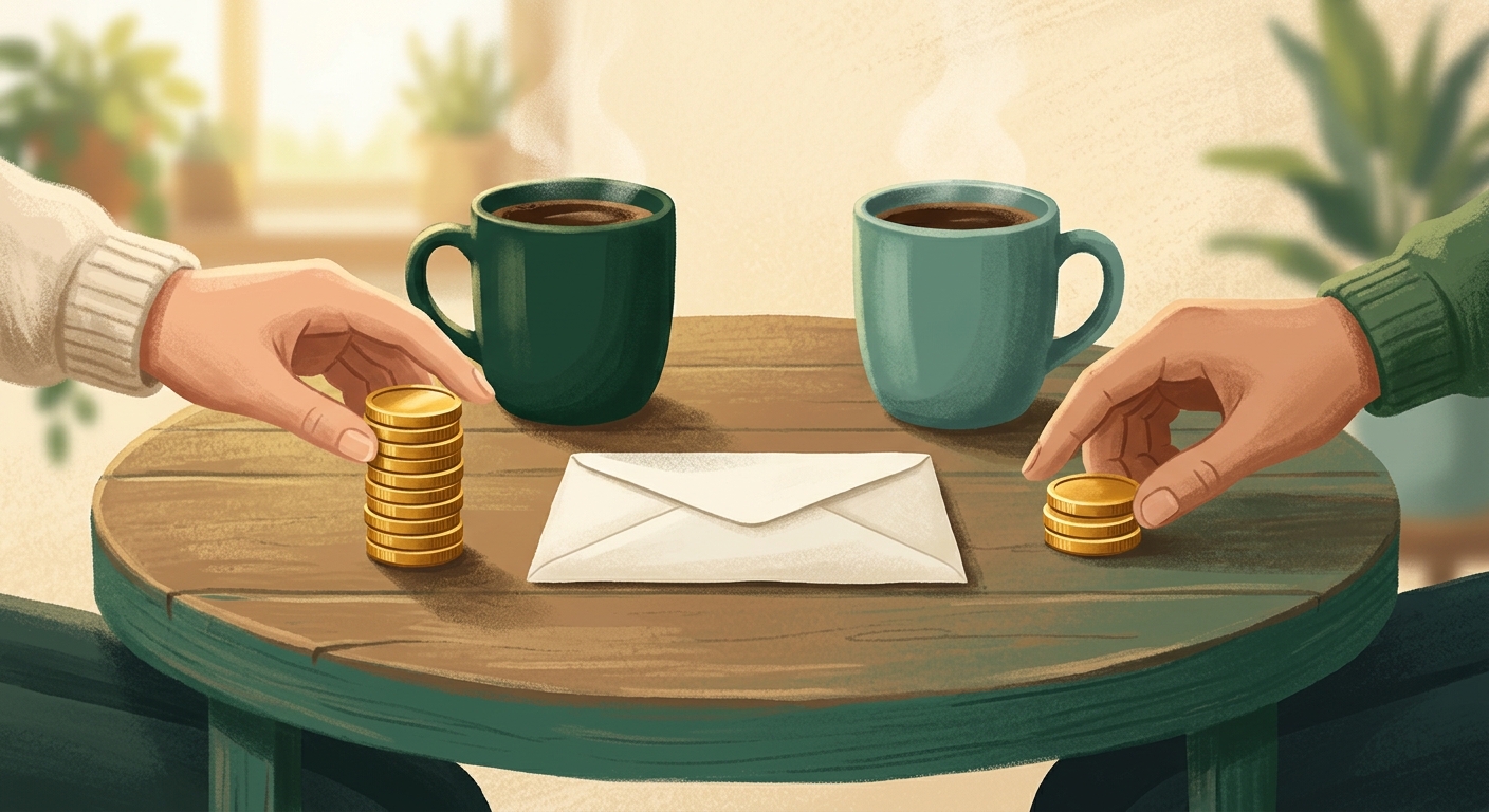 Two coffee mugs on a small round kitchen table, with a blank bill envelope between them as two hands slide stacks of gold coins toward it, one stack noticeably taller than the other