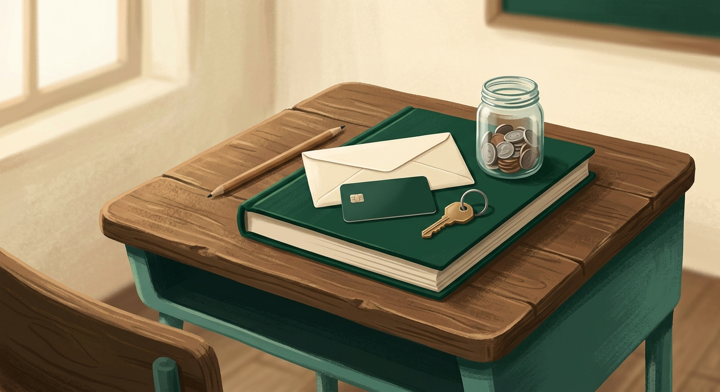 An old wooden school desk with a closed textbook and a pencil, and resting on top of the textbook a set of real-life money objects: a paycheck envelope, a credit card, an apartment key on a ring, and a small glass savings jar with coins, lit by warm window light